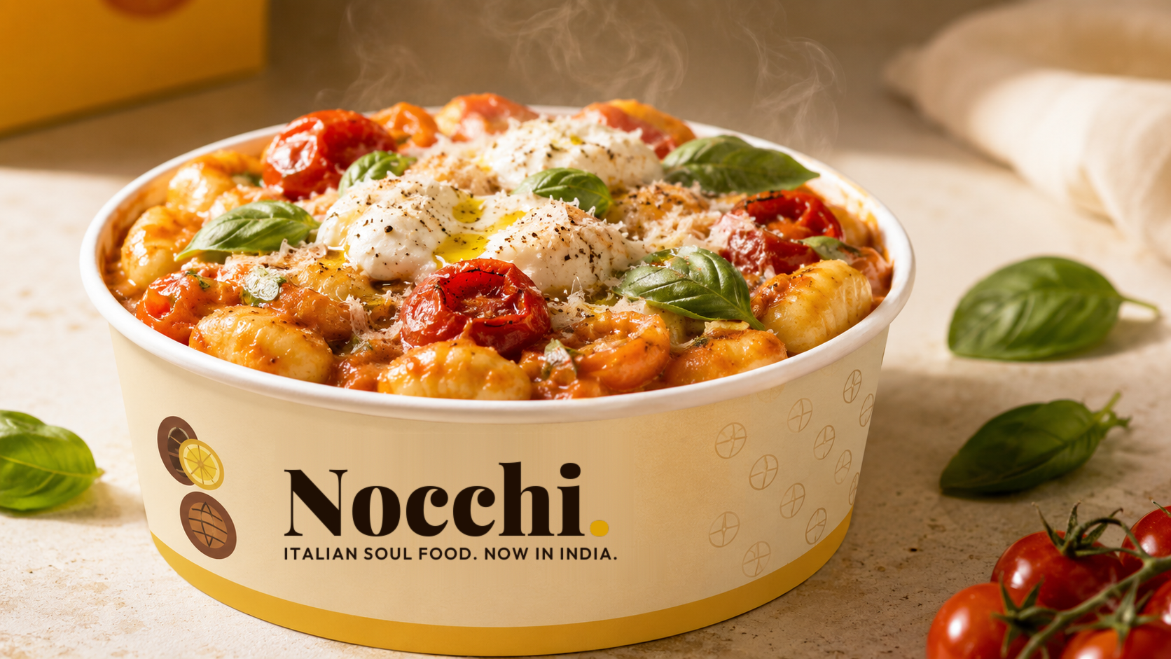 A bowl of crispy gnocchi with lemon cream and walnuts